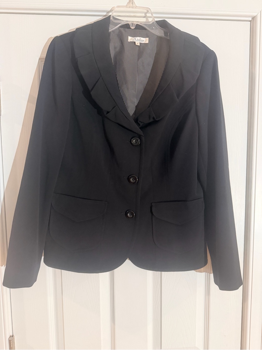 Ladies Size 12 "Atelier" Black Ruffle-Trim Single-Breasted Blazer GUC